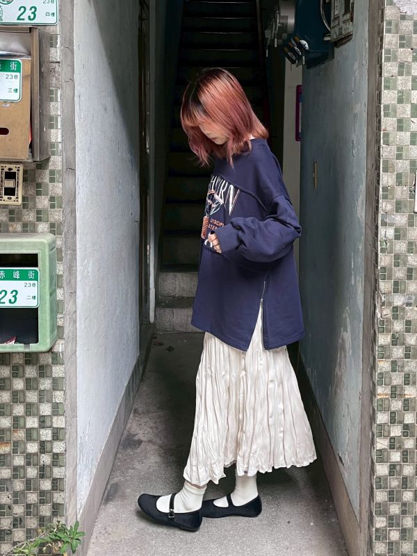 側拉鏈美式印花抽鬚上衣 