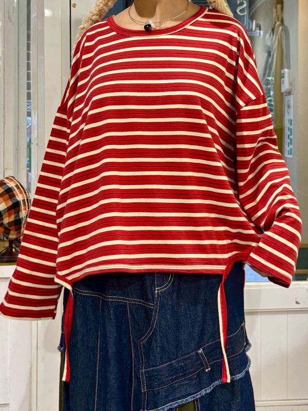 紅白條紋下擺垂繩長袖上衣 