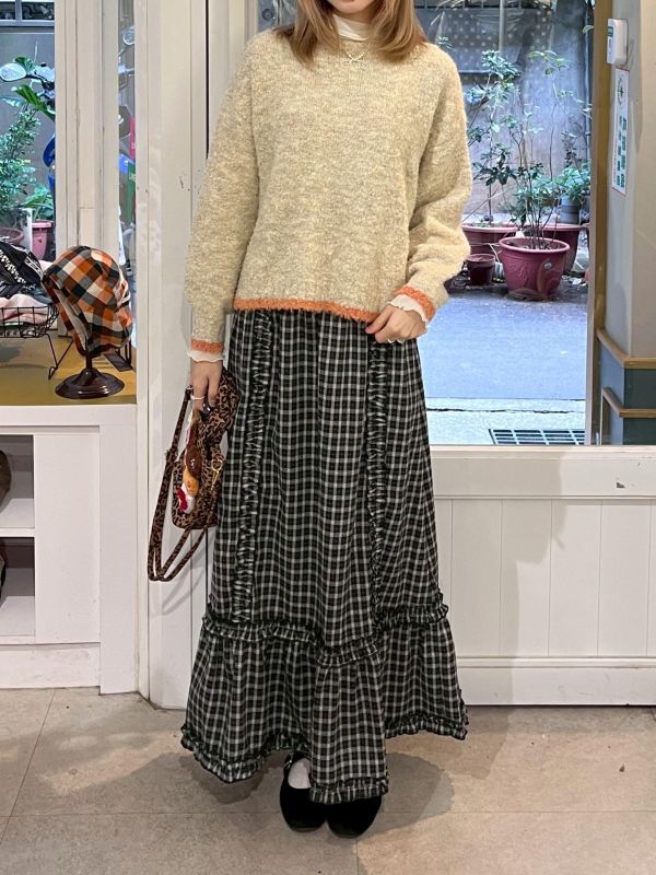 復古格紋擠花魚尾長裙 