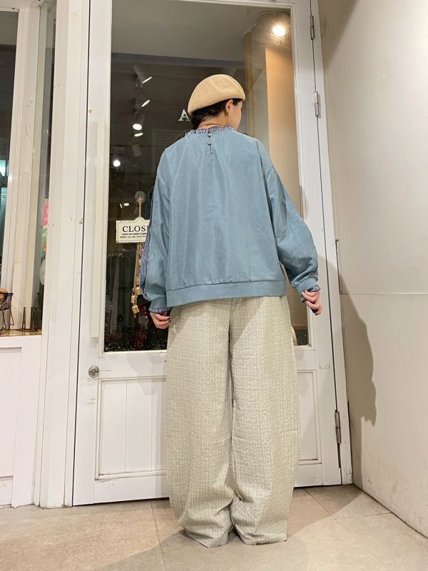 立體泡泡布撞色格紋抽繩鬆緊腰寬褲 