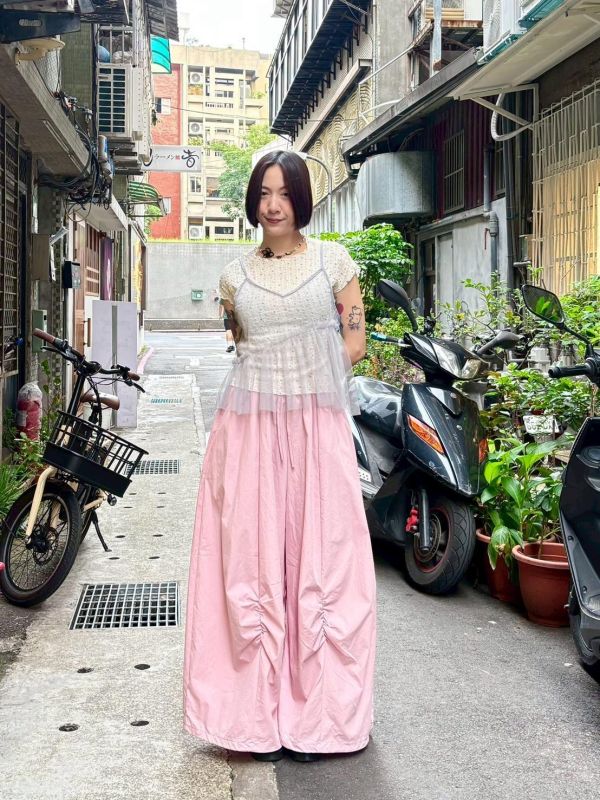 伸縮腰抓皺落地寬褲裙 