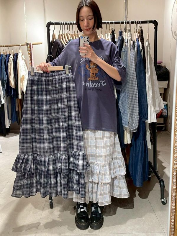 下擺雙層木耳格紋裙 