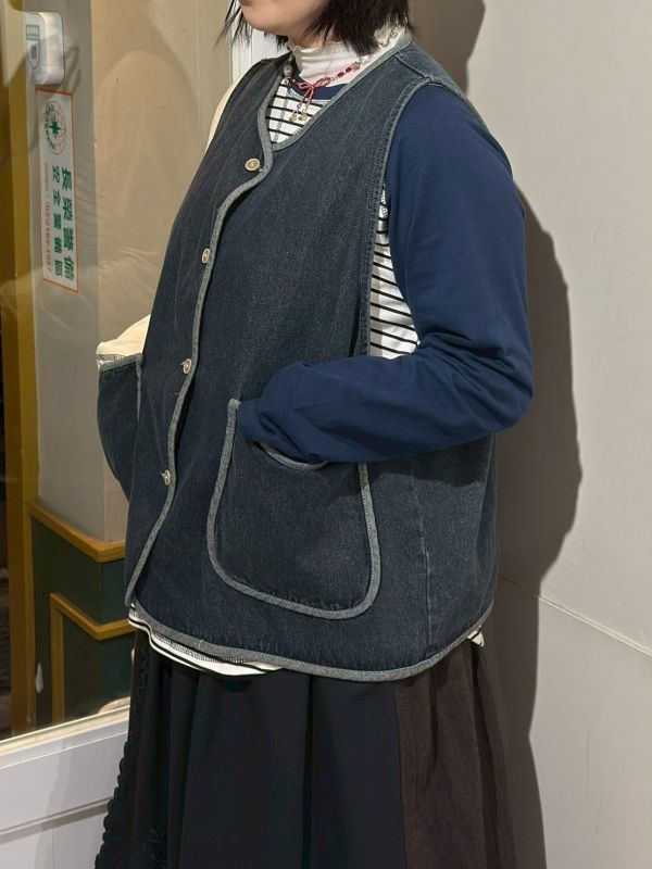 撞色邊大口袋寬鬆牛仔背心 