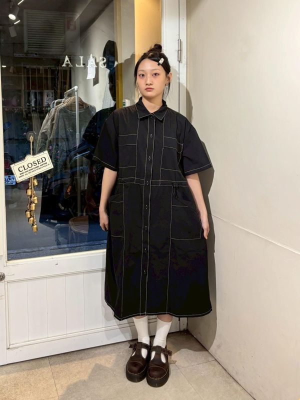 多口袋抽繩工裝長版襯衫洋裝 
