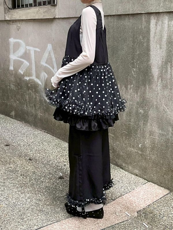 拼接波點紗紗下擺長褲 