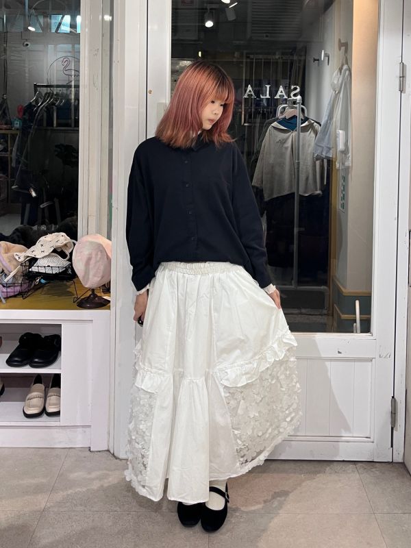 白色立體花花紗傘擺長裙 