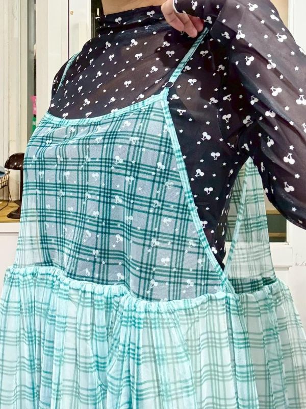 格子雙層紗吊帶背心裙 