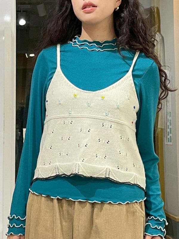 立體彩色珠珠小花撞色滾邊細肩小背心 