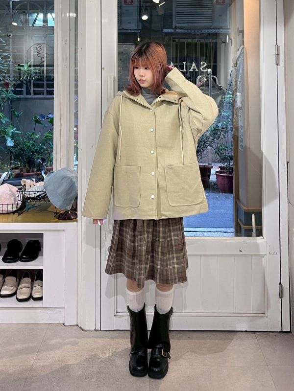 連帽抽繩格紋袖毛呢鋪棉外套 