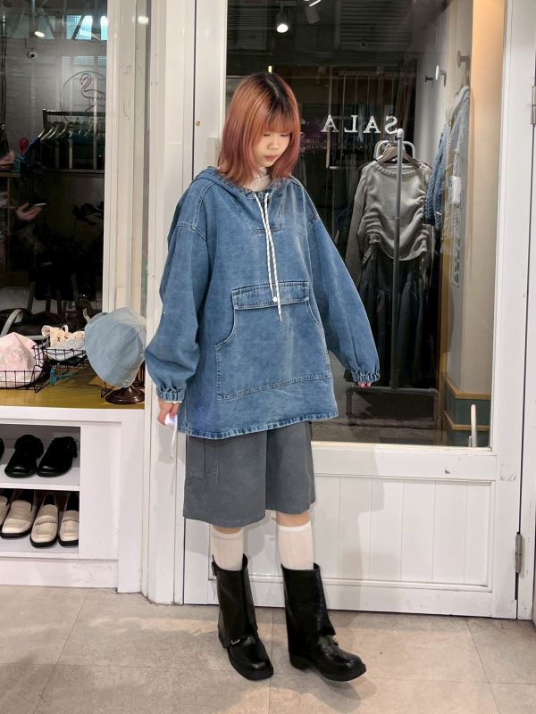 前短後長連帽抽繩大口袋牛仔長袖上衣 