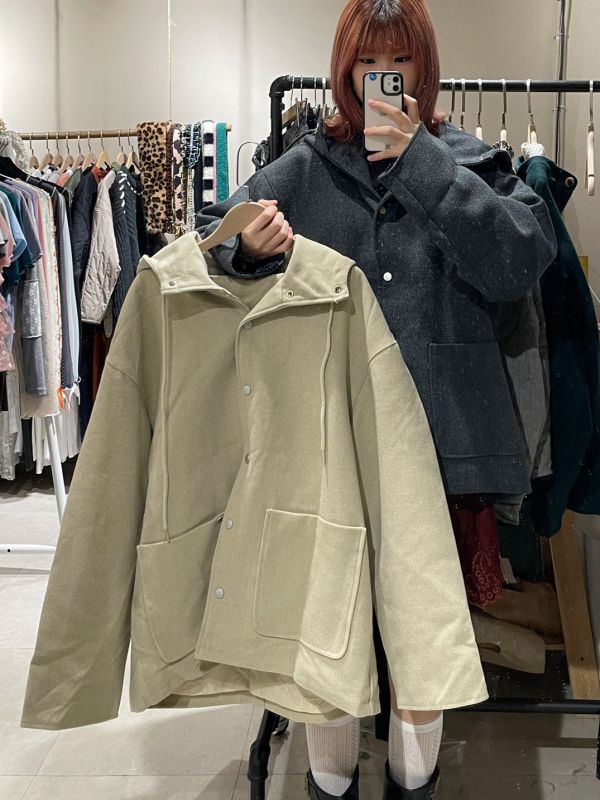 連帽抽繩格紋袖毛呢鋪棉外套 