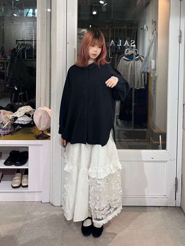 前短後長弧形開衩棉質長袖襯衫 