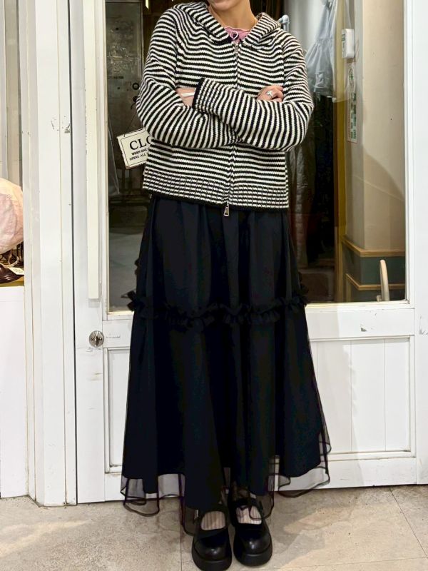 黑白條紋針織拉毛衣鏈連帽外套 