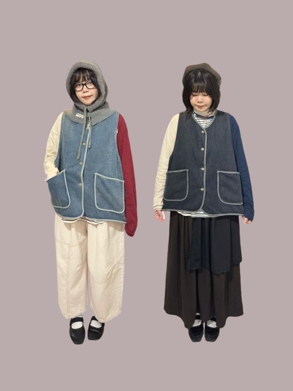 撞色邊大口袋寬鬆牛仔背心 