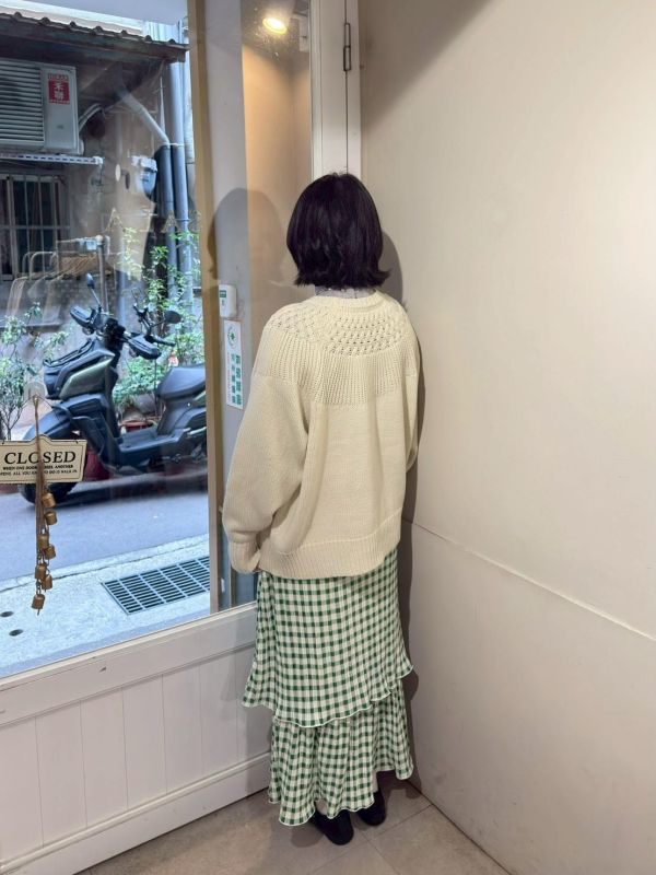 格紋滑料雙層滾邊下擺長裙 