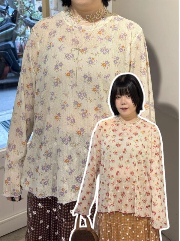 蝴蝶結小花微透紗圓領長袖上衣 