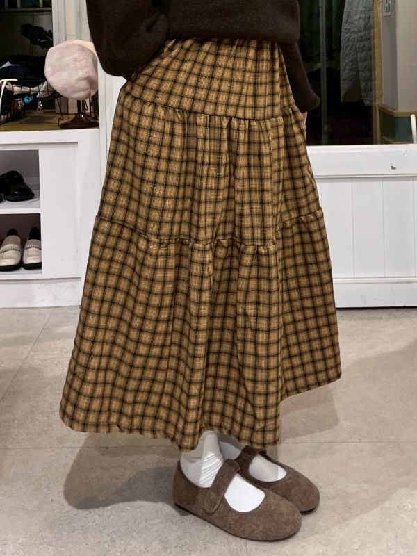 黃色格紋毛呢蛋糕長裙 