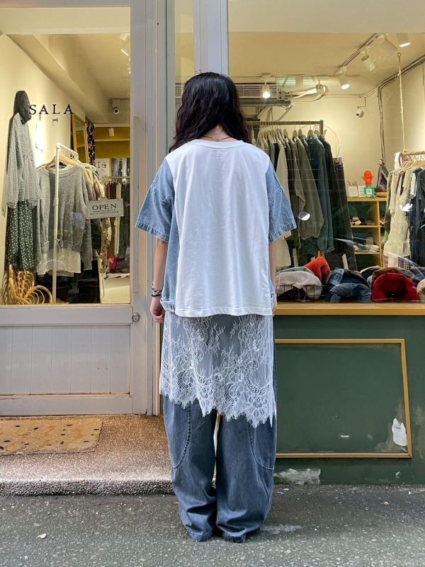 拼接造型牛仔寬鬆短袖上衣 