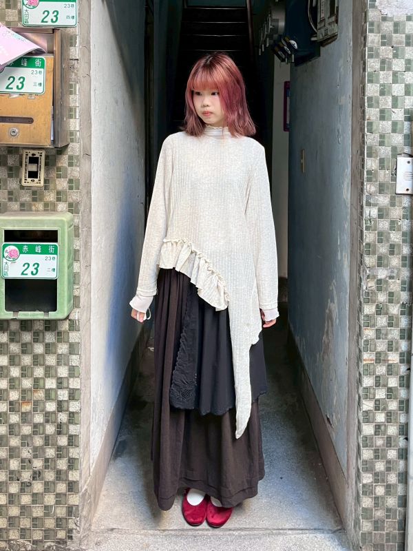 拼布蕾絲層次傘擺長裙 