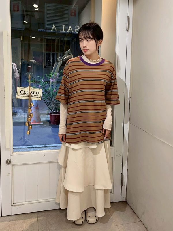 撞色圓領橫條紋寬鬆Tee 