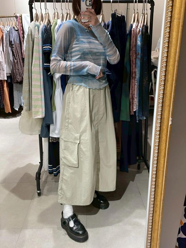 伸縮腰刷刷布兩側立體大口袋下擺抽繩A字長裙 