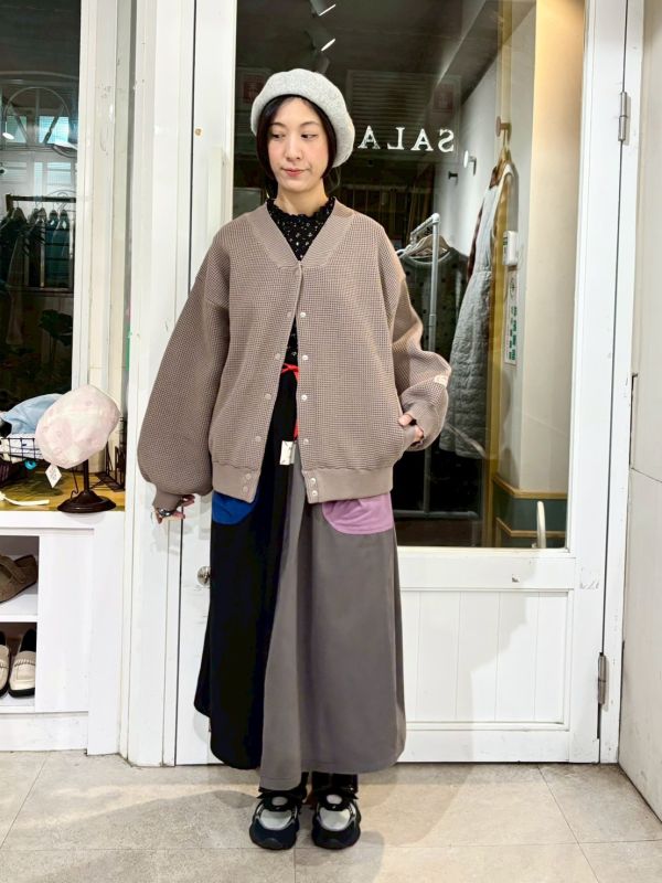 鬆緊腰紅色抽繩撞色大口袋拼接裙 