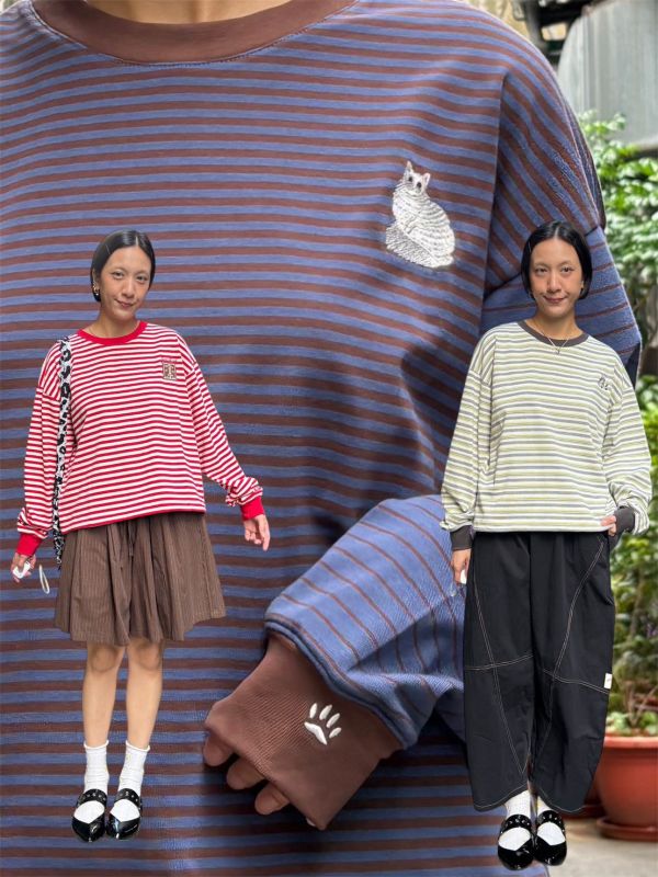 日系條紋刺繡貓袖縮口下擺彈性抽繩短版長袖上衣 