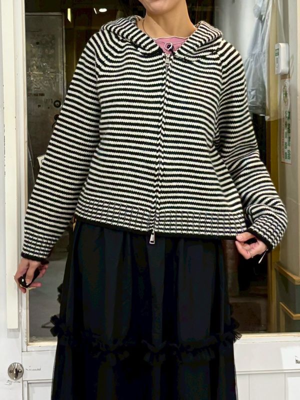 黑白條紋針織拉毛衣鏈連帽外套 