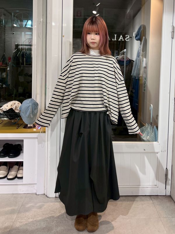 短版條紋下綁帶圓領上衣 