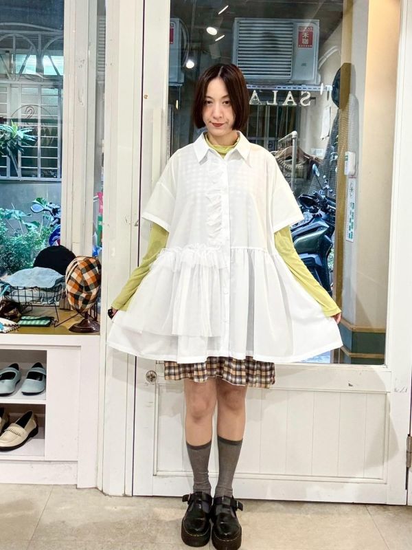 設計感抓皺紗拼接短袖襯衫 