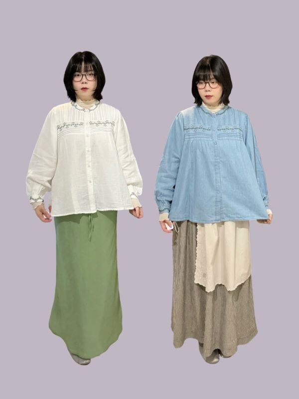 胸前打折刺繡泡泡袖縮口襯衫 