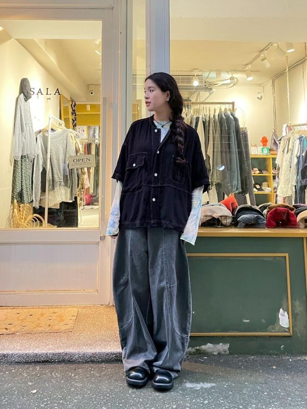 撞色車線多口袋飛鼠袖落肩抽鬚牛仔襯衫 