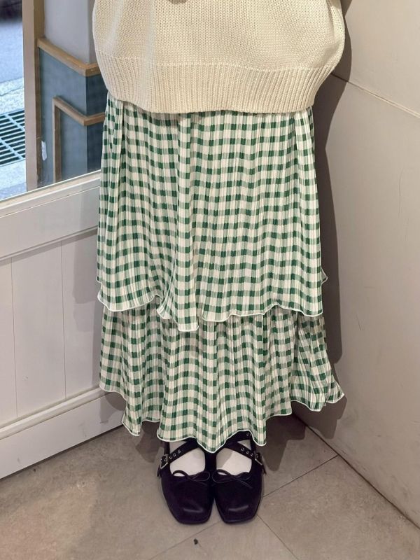 格紋滑料雙層滾邊下擺長裙 