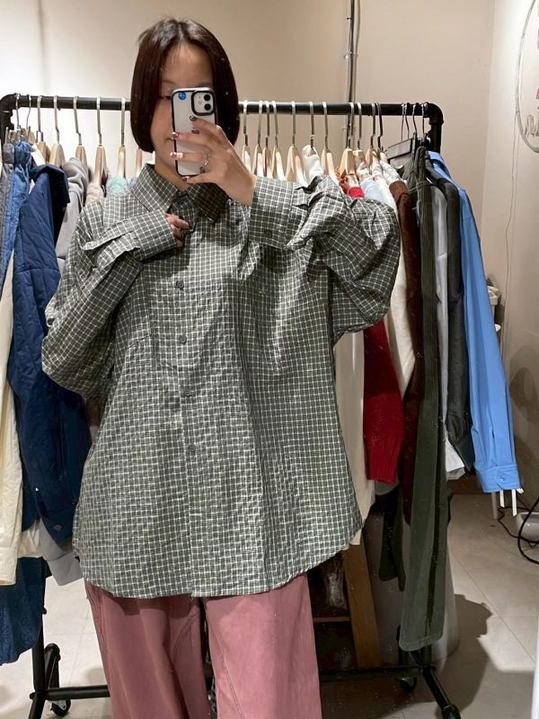 泡泡布前口袋細格紋襯衫 