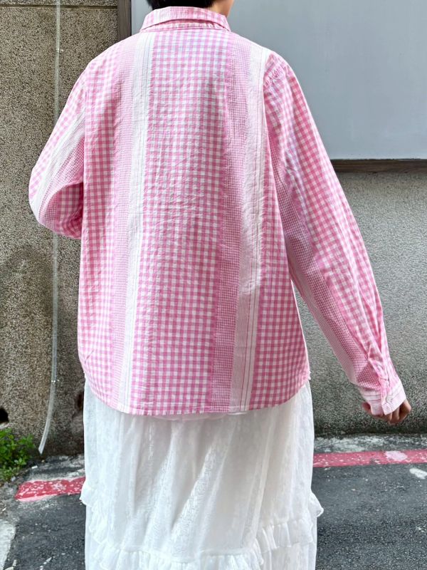 大小格子前鈕扣口袋小圓翻領襯衫 