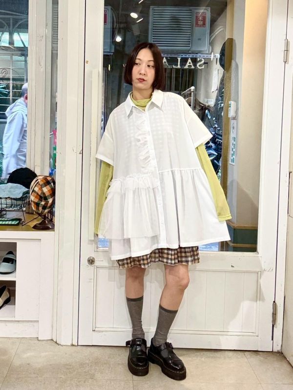 設計感抓皺紗拼接短袖襯衫 