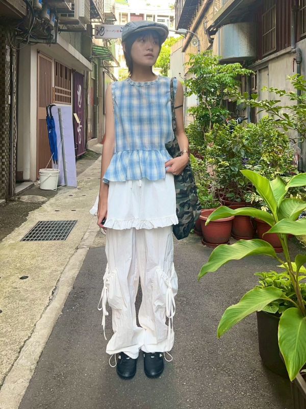 個性刷刷布捲邊短裙多層次抽繩雙口袋長褲 