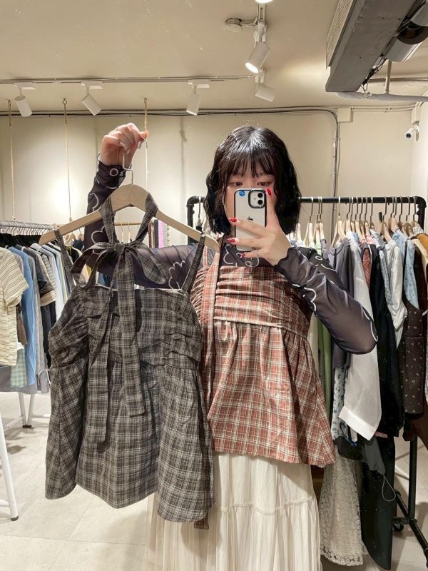 格紋抓皺散擺後鬆緊吊帶背心+綁帶 