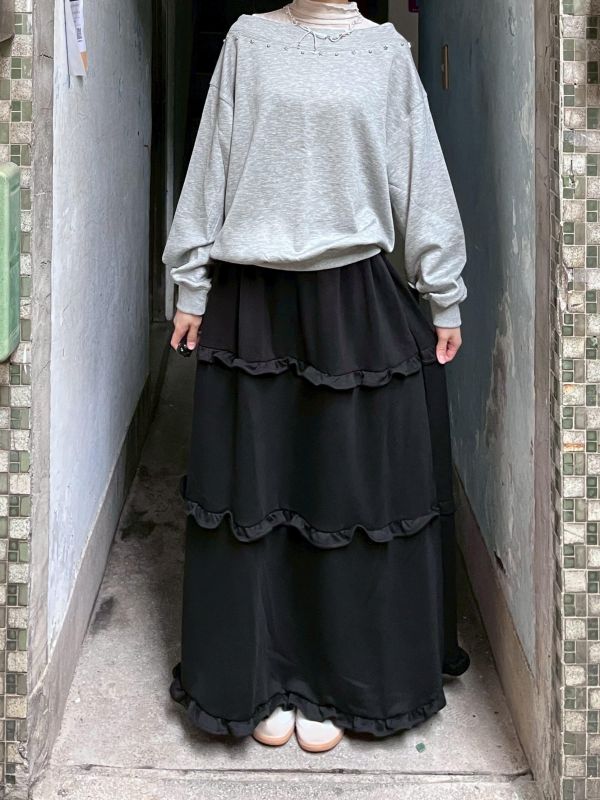 棉質滑面木耳花邊長裙 