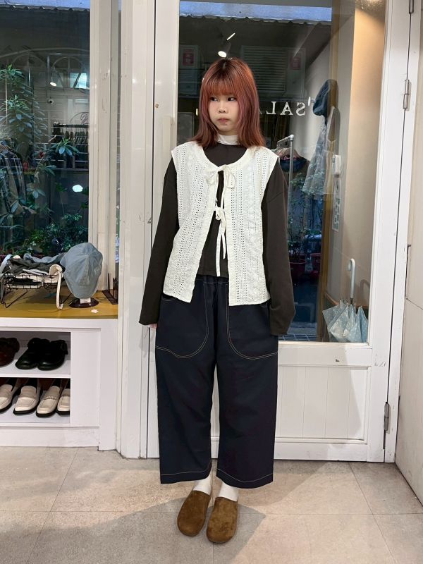 藏藍拼腰果花明線帆布長褲 