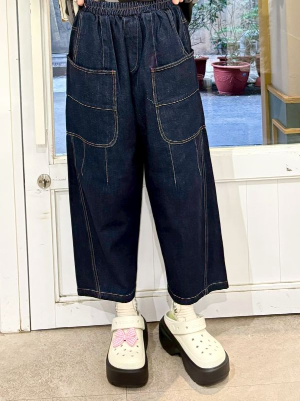 伸縮腰車縫線大口袋九分牛仔褲 