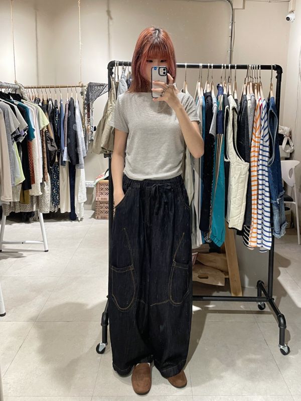 黑色鬆緊腰明線薄牛仔長褲 