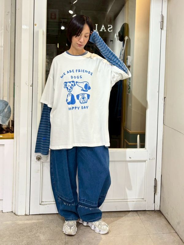 繭型褲腳抽鬚拼接牛仔褲 