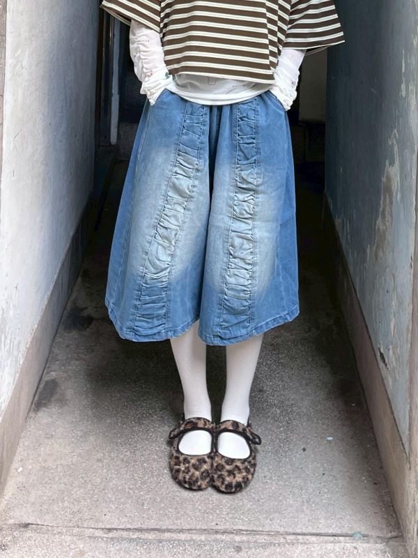 牛仔皺皺設計七分褲 