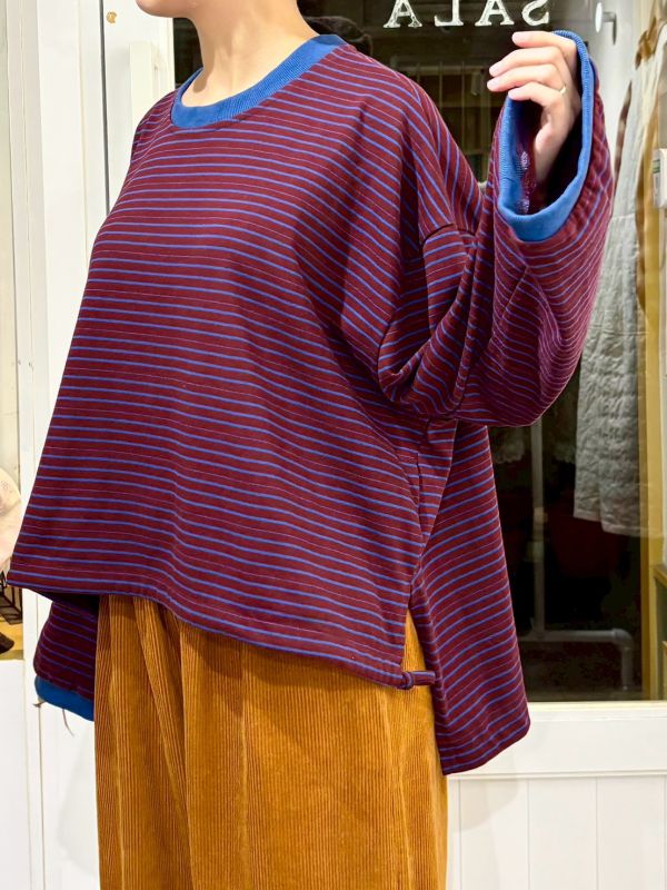 前短後長落肩寬袖條紋長袖上衣 