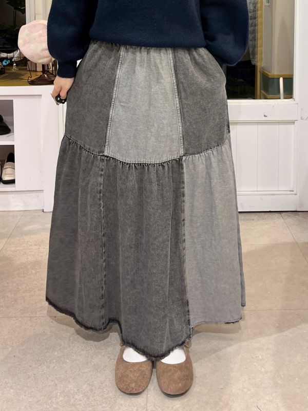 灰色牛仔方格拼接長裙 