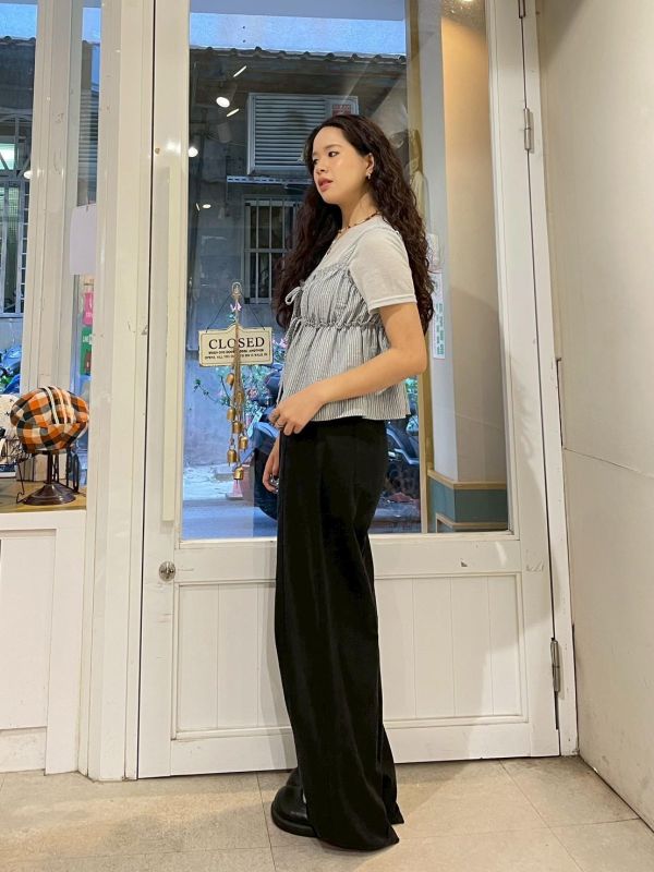 兩件式透膚短袖上衣x可調節細肩抓皺直條紋小背心 