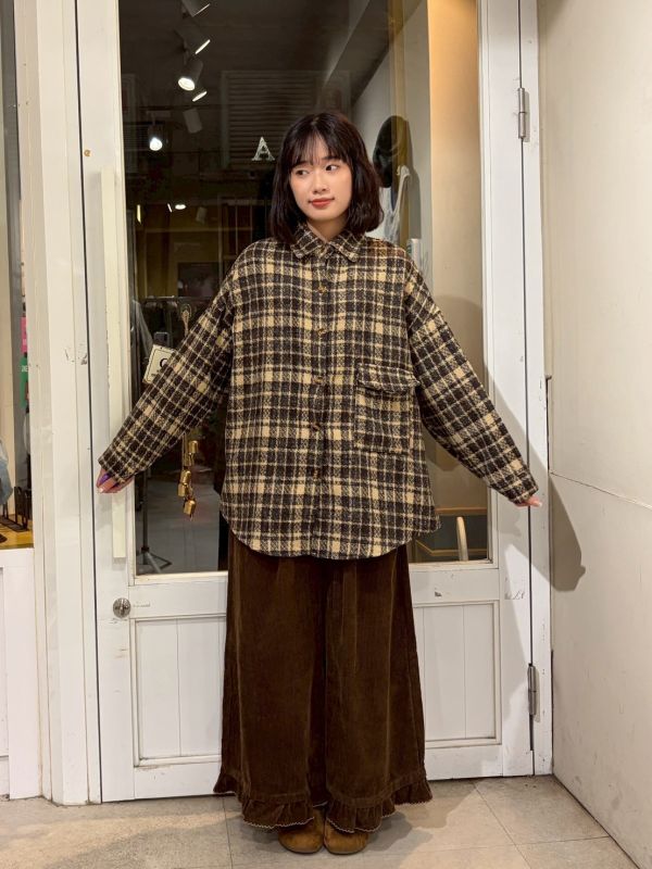 復古格紋翻蓋口袋琥珀釦絨布襯衫外套 