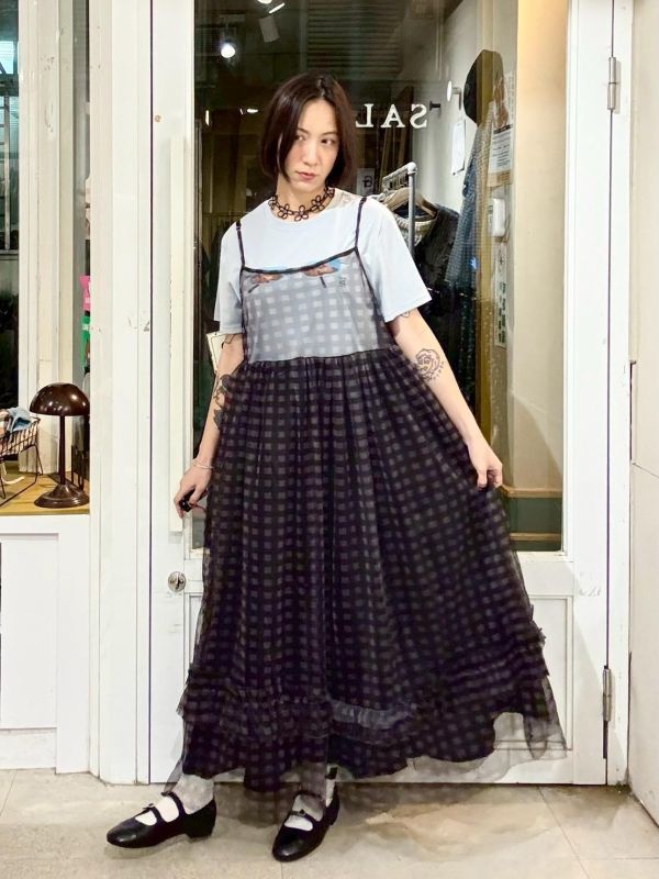 格子雙層紗吊帶背心裙 