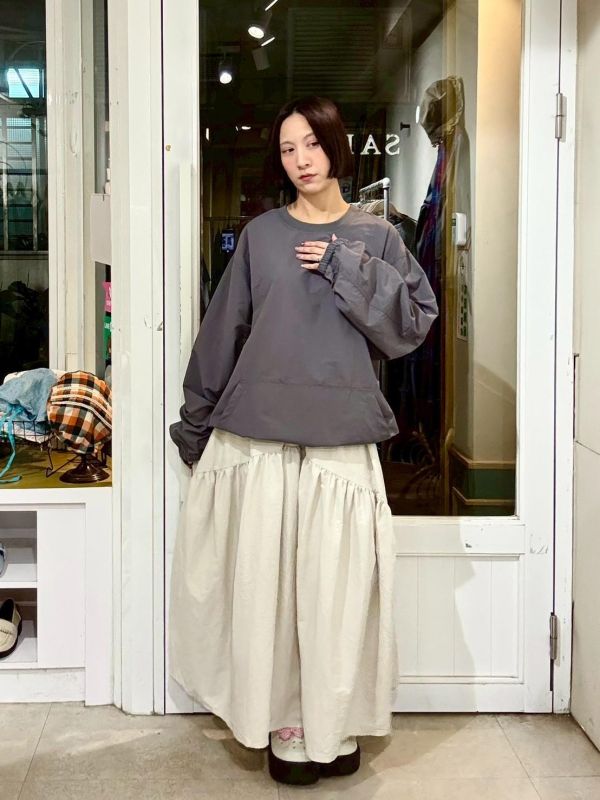 伸縮腰拼接抓皺圓裙 